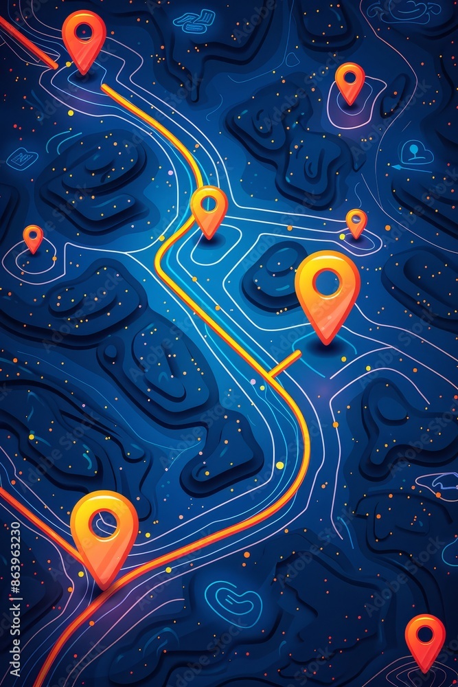 Poster a digital artwork featuring glowing map markers on an abstract blue background with intricate lines 