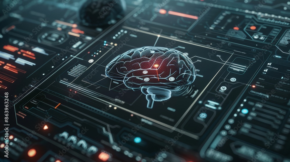 Poster a digital brain highlighted with neural connections on an advanced virtual interface, representing t