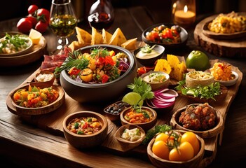 Fototapeta premium colorful assortment tapas dishes display restaurant setting, small, plates, spanish, cuisine, mediterranean, food, delicious, meal, tasty, lunch, gourmet