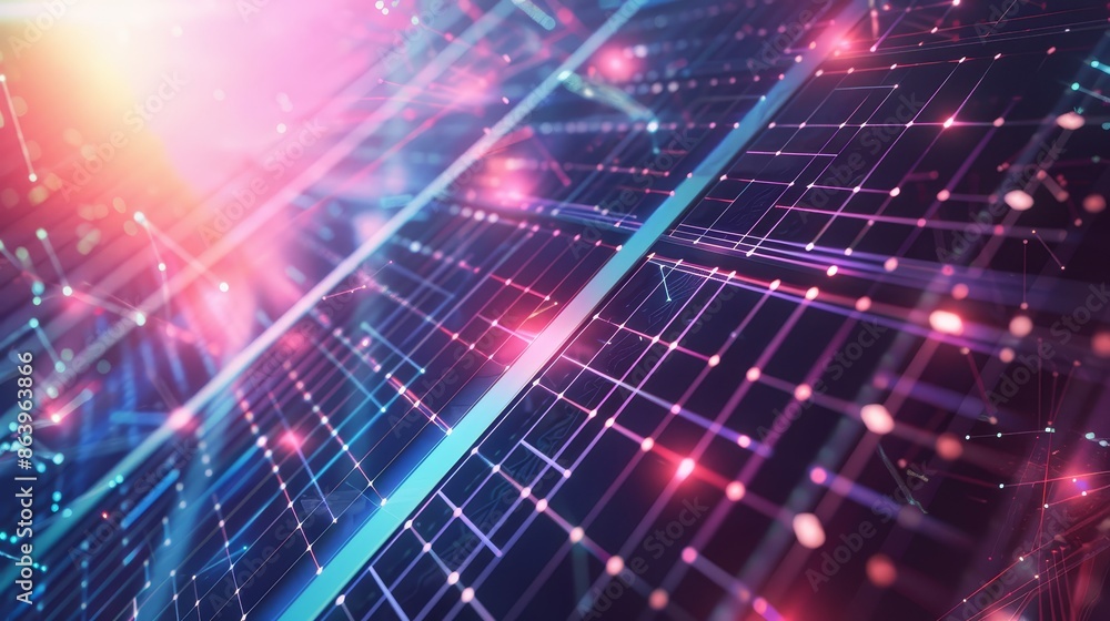 Poster a futuristic digital grid displaying interconnected lines, lights, and patterns, representing techno
