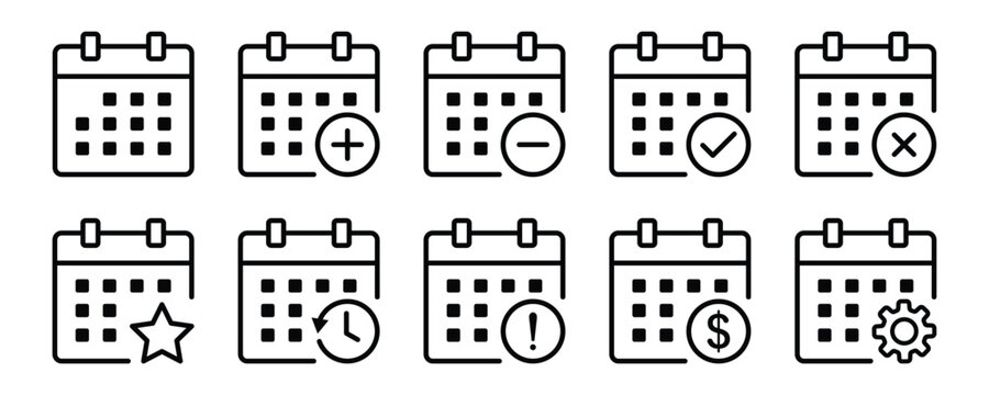 Calendar icon set. business plan schedule icons for app, website, ui, presentation slide. reminder organizer event signs. vector symbol on transparent background.