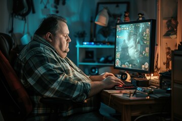 Overweight man sitting at desk playing video game. Male with bad habits is sitting in front of computer