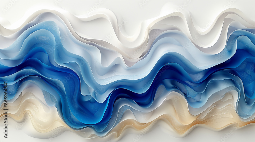 Poster abstract waves of blue, white, and beige layers flow smoothly, creating a sense of motion and tranqu