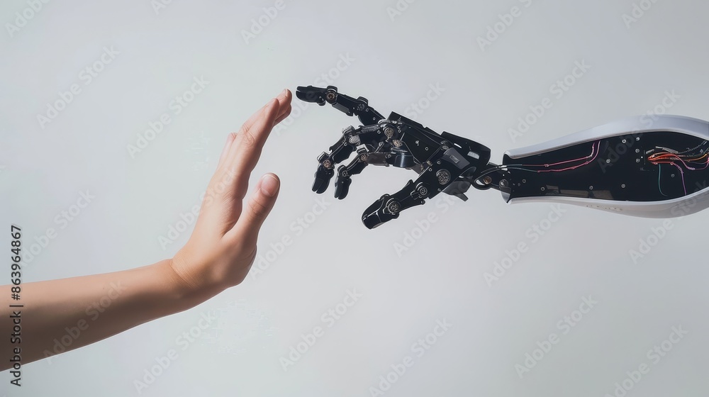 Poster a powerful visual showing a human hand and a robot hand reaching towards each other against a plain 