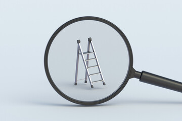 Foldable steppladder behind magnifying glass. 3d render