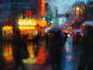 city street from a moving bus, blurred motion of people walking, neon signs and streetlights illuminating the scene, raindrops on the window creating a dreamy effect, urban life in passing