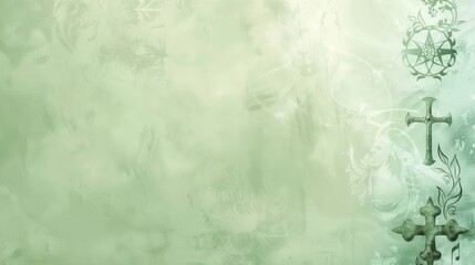 Obraz premium A soothing green abstract image featuring various religious symbols, including crosses and pentagrams, signifying unity and diversity in faith and belief systems.