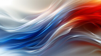 A fluid, abstract composition with smooth waves of red, white, and blue blending seamlessly together.