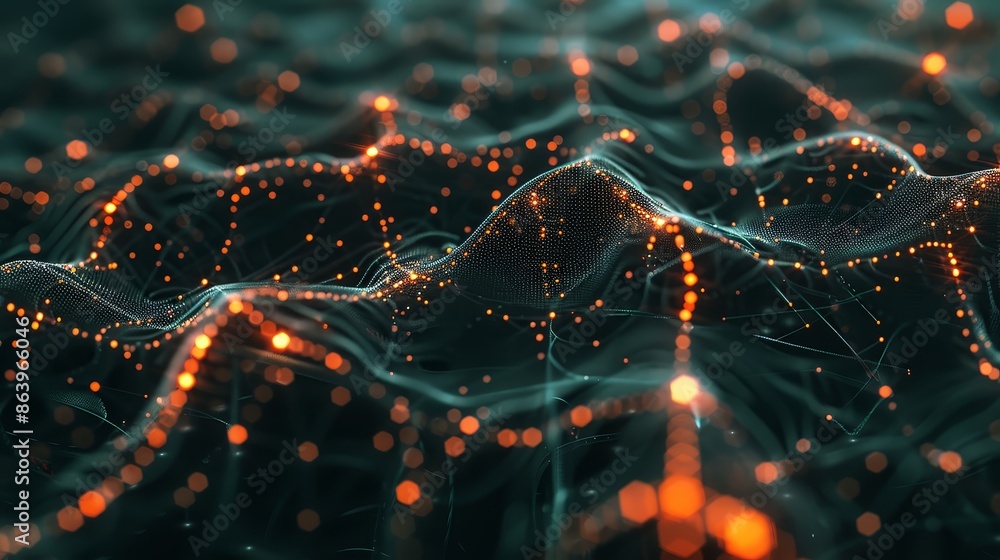 Poster a stunning 3d depiction of a digital network with glowing orange nodes spread across a dark surface,