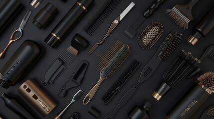 Fototapeta premium Hair tools and accessories displayed on a dark backdrop