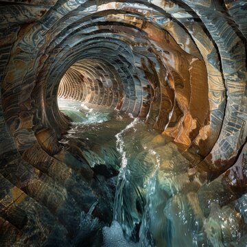A close-up of a cross-section of a Karez tunnel, showcasing the meticulous hand-dug walls and the flow of crystal-clear water, with ancient tools and marks visible, emphasizing the craftsmanship