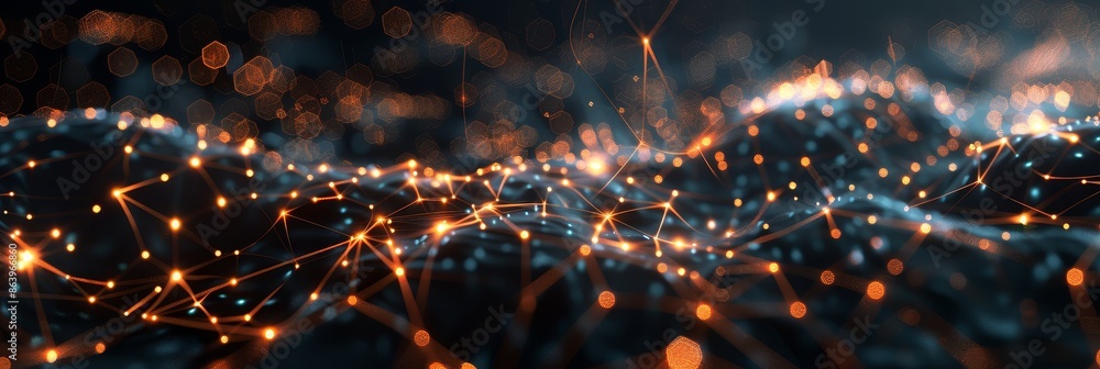 Poster a visually striking image of a digital network with glowing orange nodes distributed across a dark b