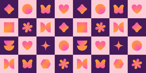 Checkered seamless pattern with grain texture elements for textile, wrapping paper, fabric, wallpaper, print design, cover. Aesthetic y2k background with blurry gradient shapes. Vector illustration