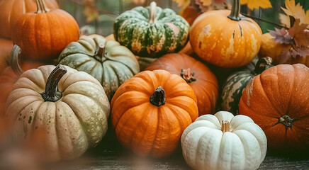 Natural multicolored, orange, white and green pumpkins