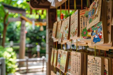 Fototapeta premium ema, wooden wishing boards, hanging at a Shinto shrine. Each board is adorned with colorful illustrations and handwritten prayers or wishes from worshippers. The background features the shrine torii 