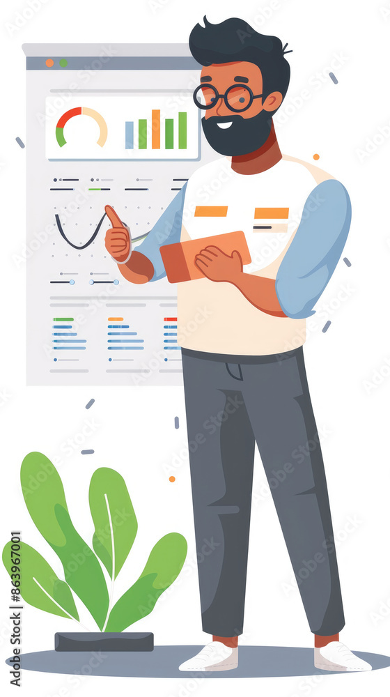 Poster a man with a beard and glasses is presenting data analysis on a whiteboard, pointing to a graph with