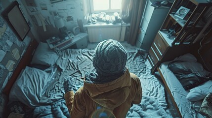 Aerial View of Man in Winter Clothes with Anamorphic Lens Flare