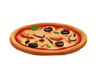 Italian pizza with tomato, sausage, pepperoni and mushrooms. top view. pizza with slice. Vector illustration in flat style
