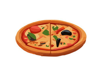 Italian pizza with tomato, sausage, pepperoni and mushrooms. top view. pizza with slice. Vector illustration in flat style