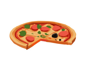Italian pizza with tomato, sausage, pepperoni and mushrooms. top view. pizza with slice. Vector illustration in flat style