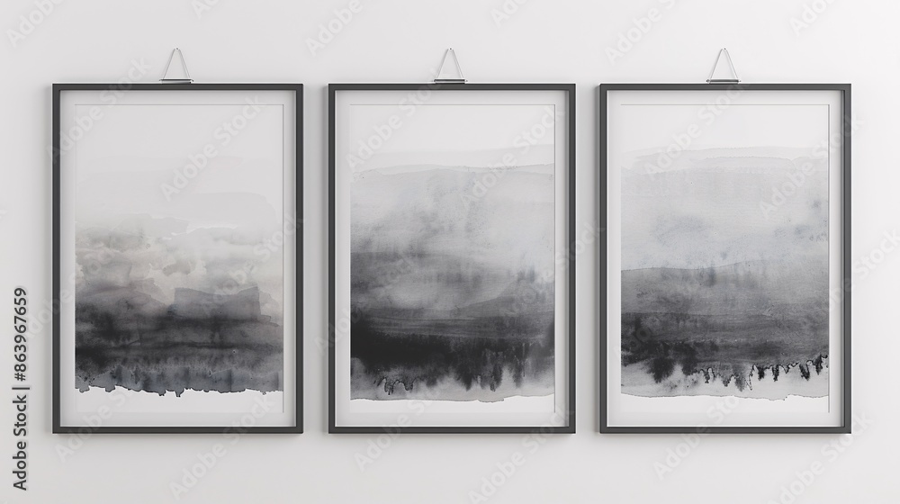 Poster three modern abstract art posters with a minimalistic approach, hung in a row on a white wall. the p