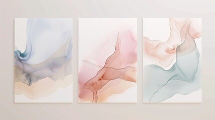 A set of three modern abstract art posters featuring delicate watercolor designs, displayed side by side on a clean white wall. Each poster showcases fluid, organic shapes in soft pastel hues,