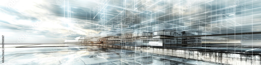 Poster an abstract digital art image depicting a futuristic cityscape with grid lines and a cloudy sky