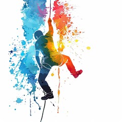 watercolor artwork shows a climber ascending a vividly colored cliff, with splashes of paint emphasizing motion and intensity against a white backdrop.