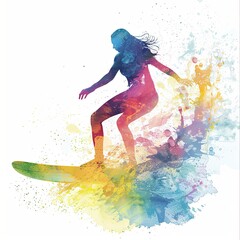 Fototapeta premium artwork depicts a surfer in action, surrounded by bold, colorful splashes that emphasize motion and intensity against a white backdrop.