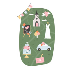 Vector map for wedding day with holiday symbols, icons. Graphic hand drawn design, invitation template