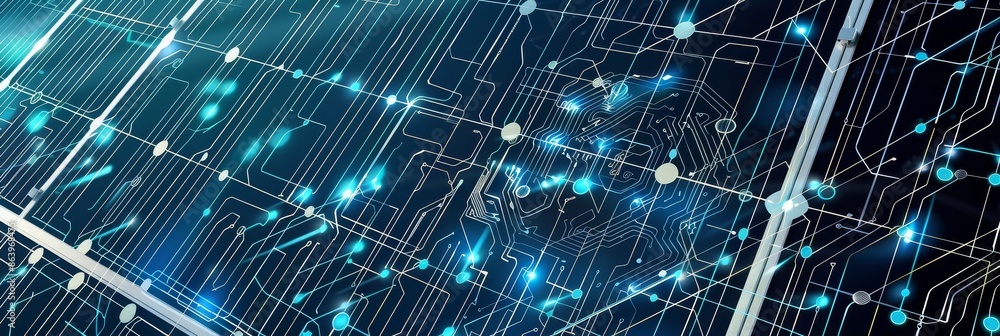Poster futuristic abstract digital circuit board with glowing connections and data flow, representing advan
