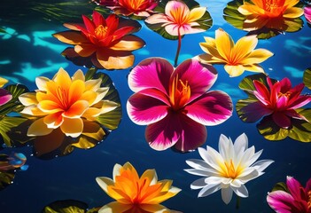 Obraz premium vibrant tropical flowers floating crystal clear pool serene nature scene colorful petals reflecting water, reflection, beautiful, exotic, aquatic, plant, flora, fresh
