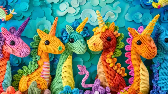 Vibrant amigurumi unicorns in a colorful array, featuring detailed crocheted stitches