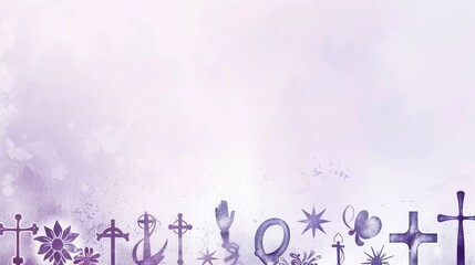 Fototapeta premium Various religious symbols on a purple artistic background - The image displays a collection of various religious symbols in a cohesive artistic design, set against a purple background that accentuates