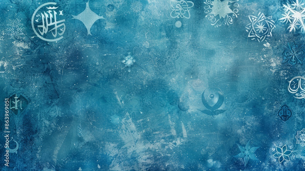 Poster abstract blue background with various decorative symbols - this abstract blue background is adorned 