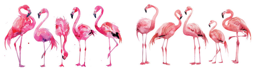 Floating pink flamingos on a white background, watercolor illustration