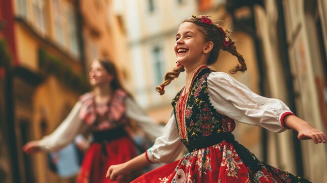 A beautiful girl in traditional Czech clothing in street with historic buildings in the city of Prague, Czech Republic in Europe.