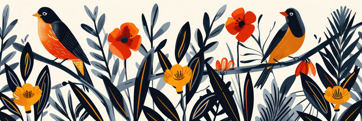 A stylized illustration featuring two birds perched on a branch surrounded by blooming flowers and lush foliage