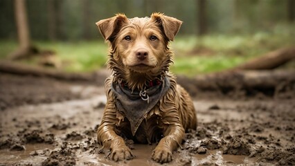 peaceful dog sitting on the mud, outdoor, pet care and hygiene concept