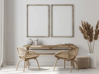 Minimalistic Dining Area with Rattan Chairs and Wooden Frames