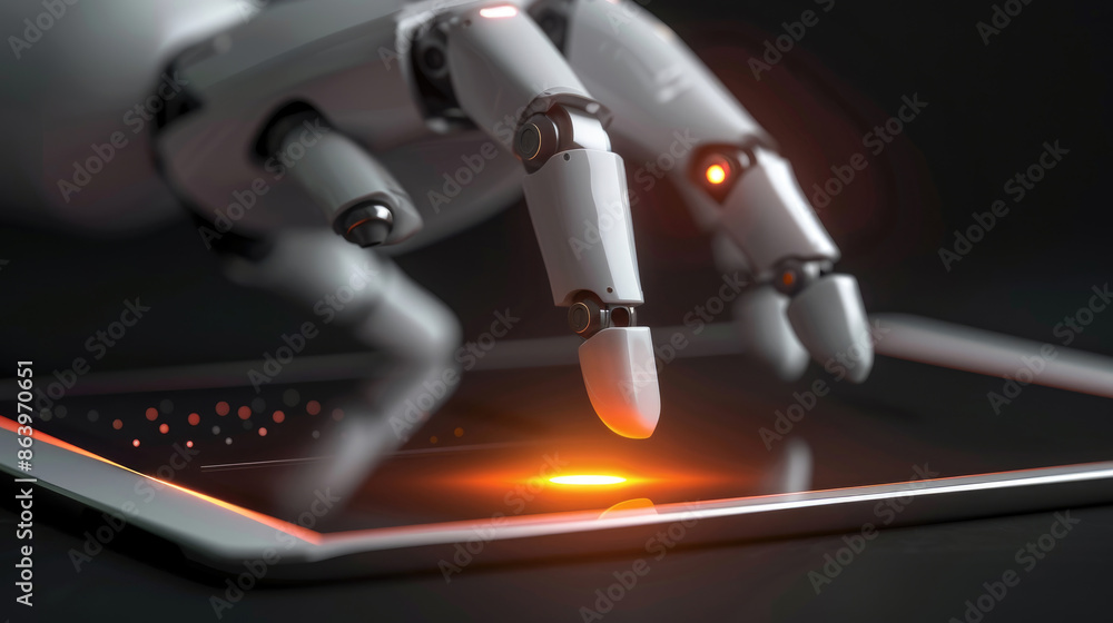 Poster a close-up image of a robotic hand interacting with a tablet, highlighting the digital capabilities 