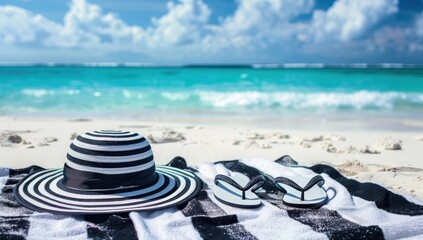 Obraz premium Beach Hat and Flip-Flops on Sandy Shoreline by Turquoise Sea