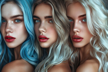 Fototapeta premium Three women with blue, blonde, and silver hair pose for a close-up portrait