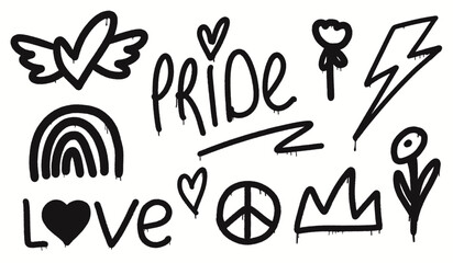 Black and white graffiti set in street style. Heart with wings, rainbow, pride text, peace symbol, love, crown, lightning bolt, and flowers. Ideal for urban, modern, and expressive designs. © Alice Unicorn