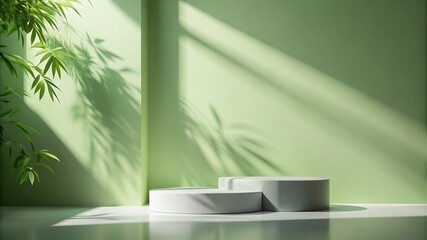Light Green Minimalistic Abstract Background for Product Presentation with Window Light and Natural Shadows