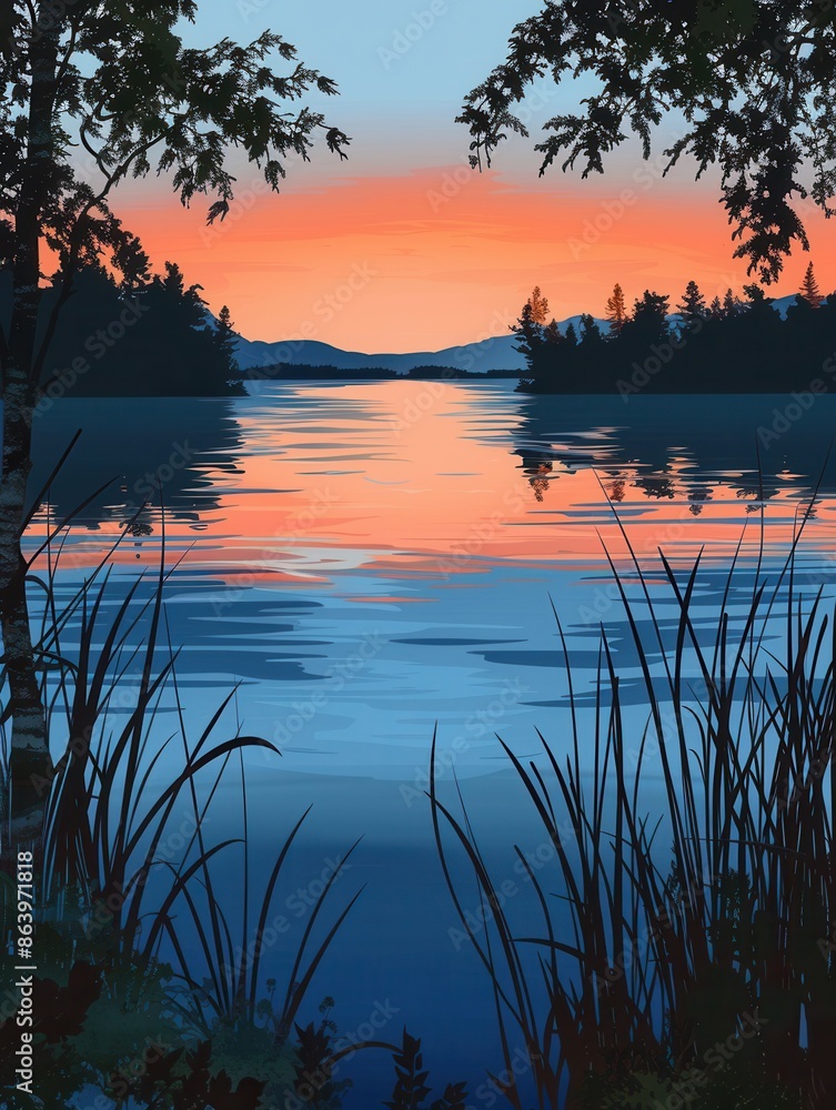 Poster A peaceful lake scene with the setting sun reflecting on the water. The lakes edges are lined with trees and reeds, creating a serene and natural environment. Generative AI