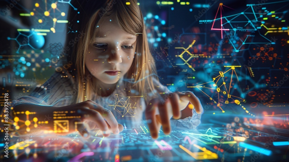 Aufkleber a young learner interacting with holographic mathematical equations and geometric shapes. the vibran