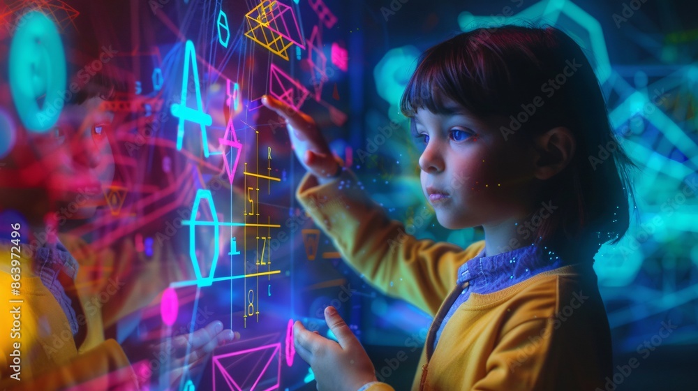 Aufkleber a young learner interacting with holographic mathematical equations and geometric shapes. the vibran