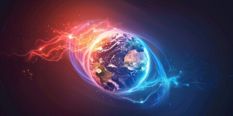 Obraz premium Glowing Earth, Red and Blue Energy Streams in Space