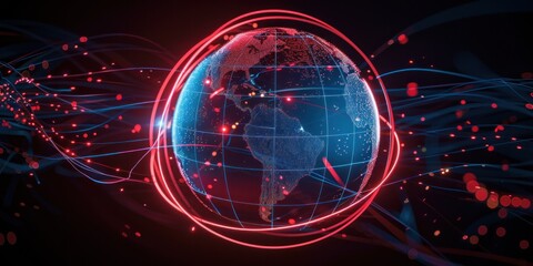 Futuristic Digital Globe with Data Flowing Around